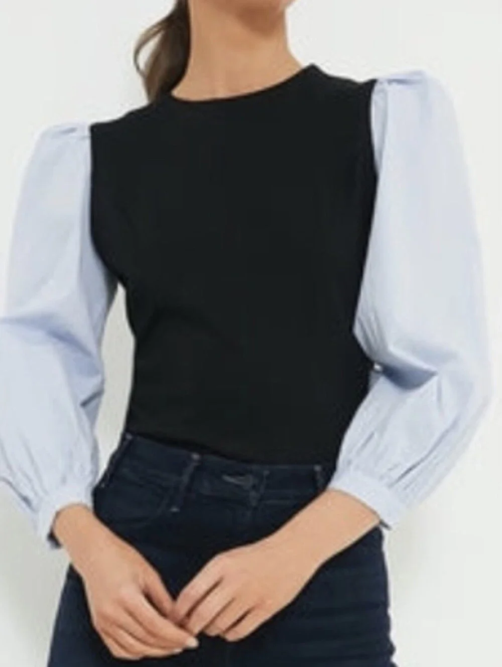 Tuckernuck Mixed Media Gracia Puff Sleeve Top Black Blue Size M